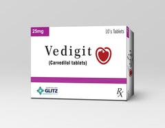 Vedigit 25mg Tablets (Carvedilol) – 10 Tablets